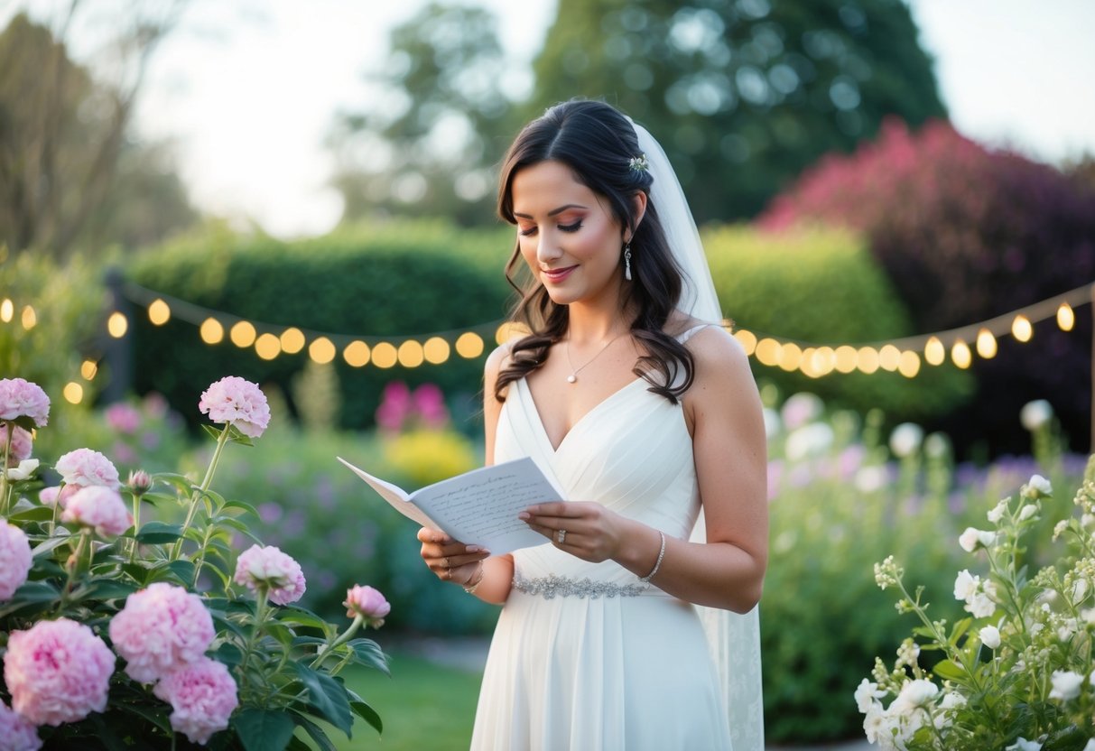 A woman standing in a peaceful garden, surrounded by blooming flowers and twinkling fairy lights, with a serene expression as she reads her handwritten wedding vows