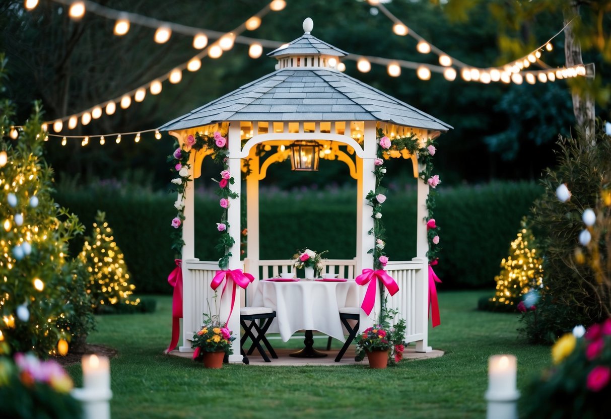 A festive garden with a small gazebo adorned with flowers and ribbons, surrounded by twinkling lights and a table set for two