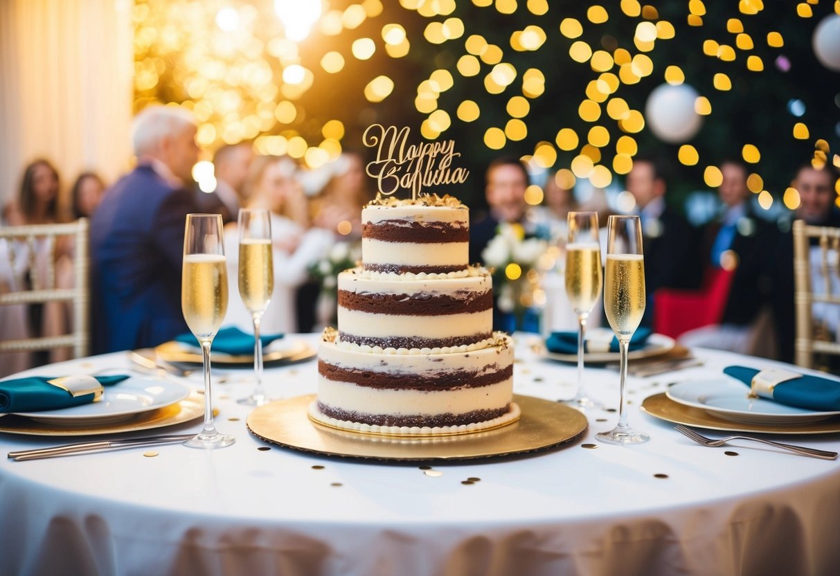 A festive table with a wedding cake, champagne, and confetti