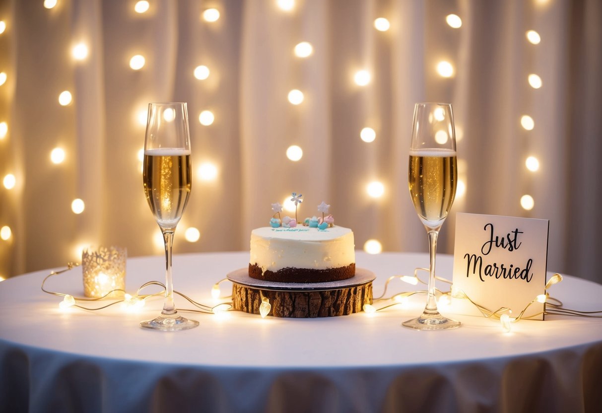 A festive table set with a small cake and two champagne glasses, surrounded by twinkling lights and a sign reading "Just Married."