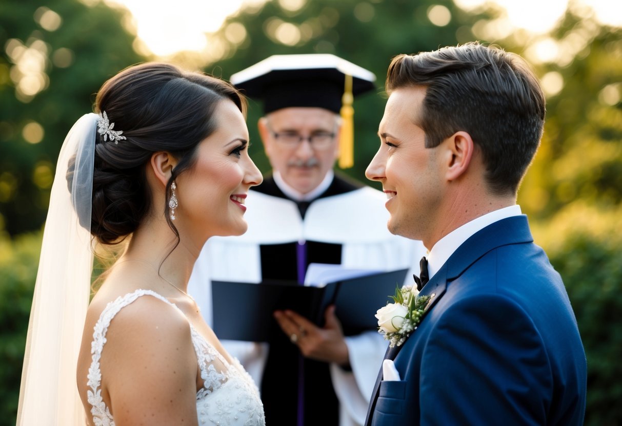 A groom and bride facing each other with a wedding officiant in the background