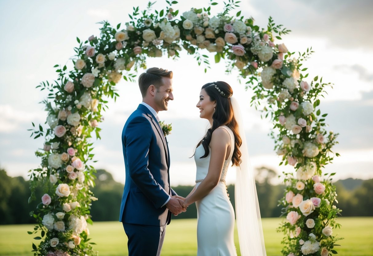 A couple standing facing each other, exchanging vows under a floral archway