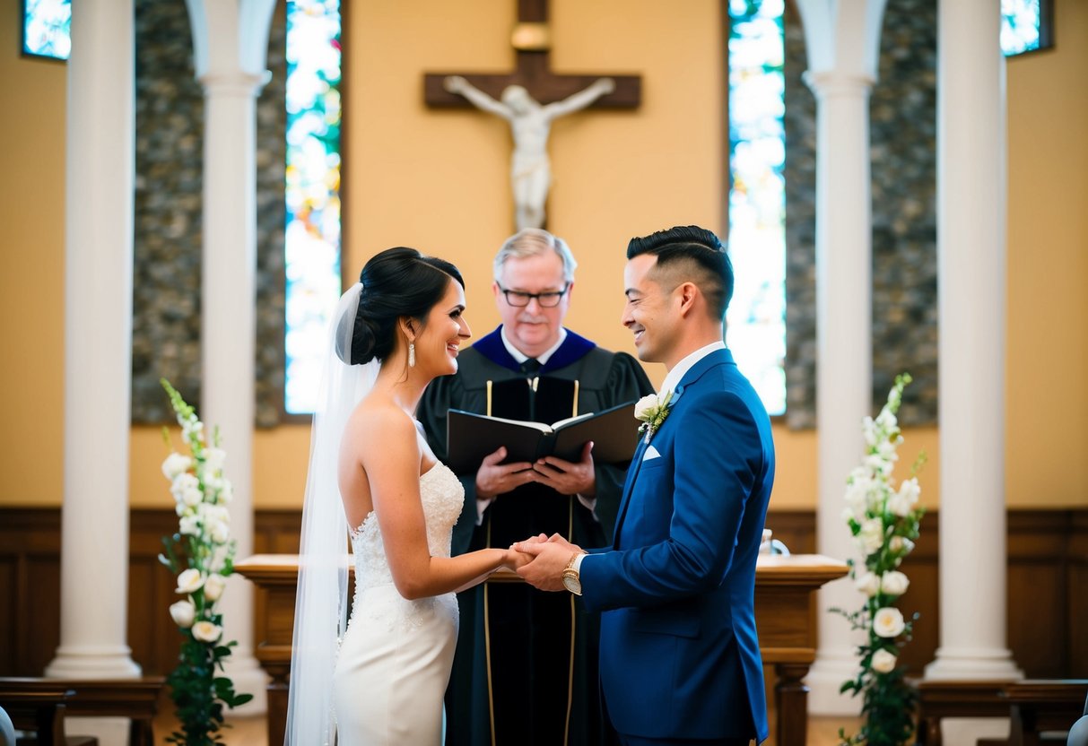 A couple standing at the altar, facing each other, exchanging vows with a wedding officiant presiding over the ceremony