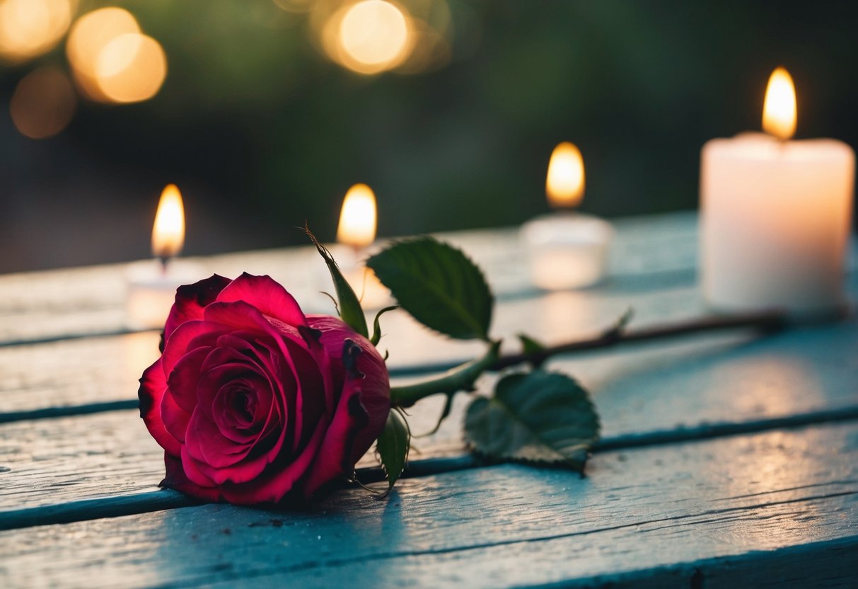 A single, tear-stained rose lying on a weathered wooden table, surrounded by flickering candlelight