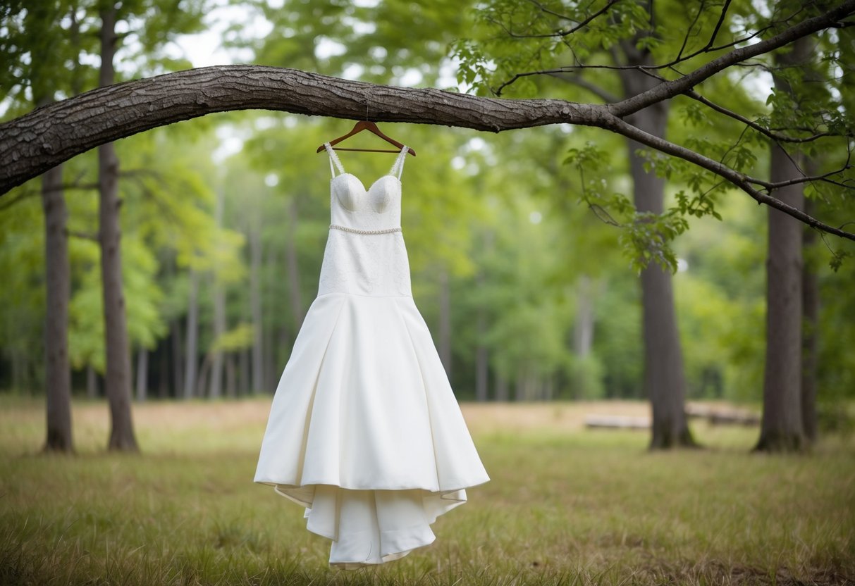 A white wedding dress hanging from a tree branch in a secluded forest clearing
