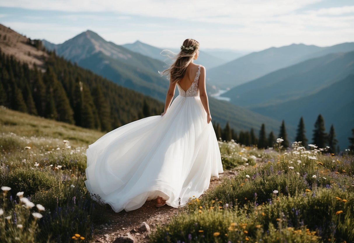 A flowing white wedding dress billows in the wind on a secluded mountainside, surrounded by wildflowers and a breathtaking view