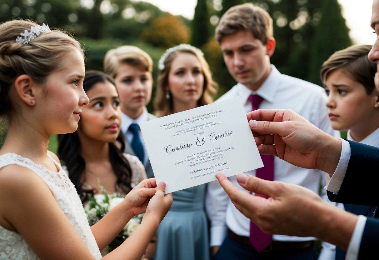 A wedding invitation being handed to some cousins while others look on with confusion
