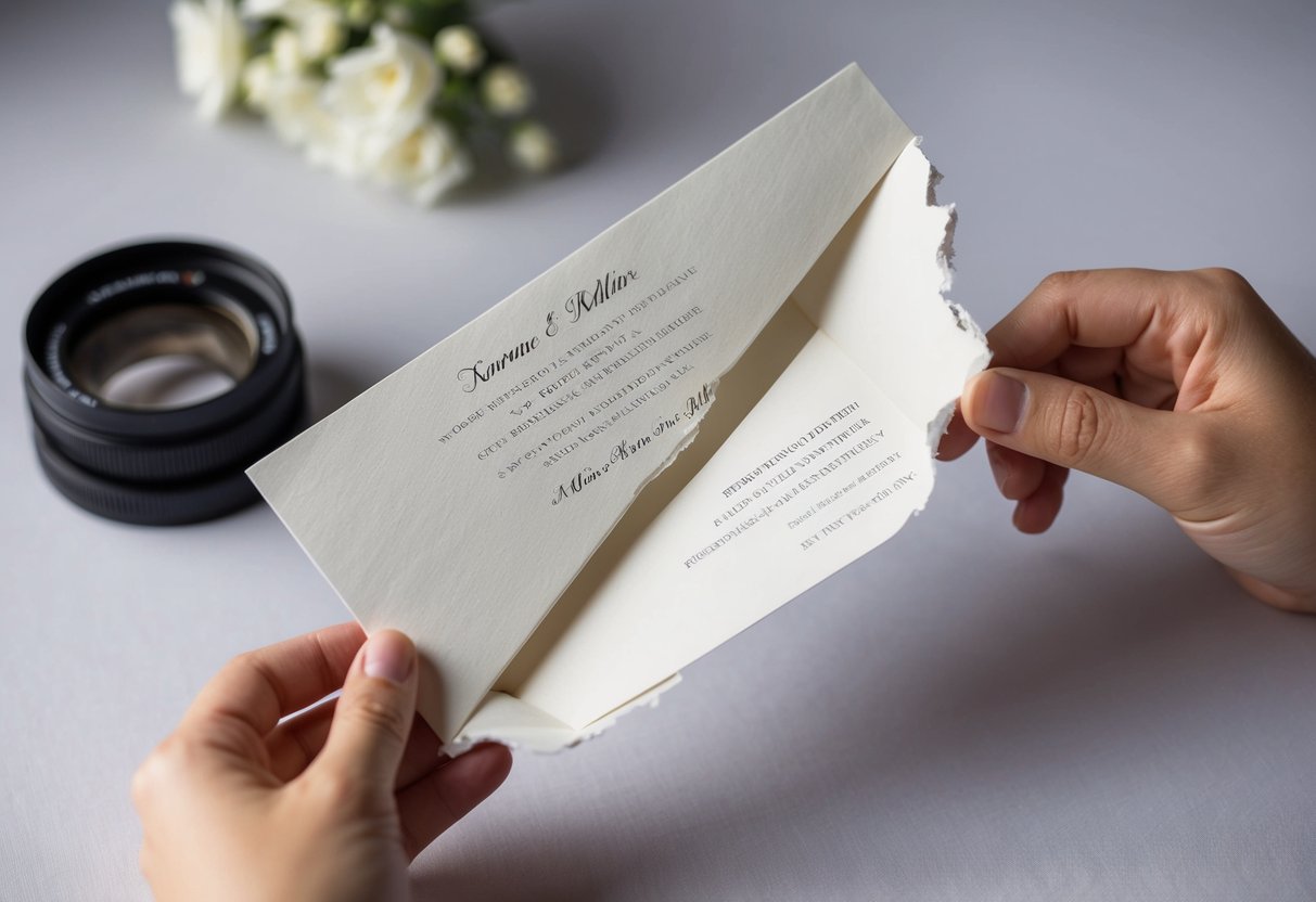 A wedding invitation torn in half, with one half in hand and the other half discarded