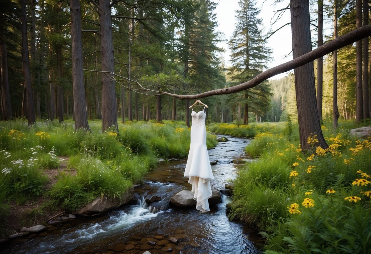 A secluded forest clearing with a flowing stream, surrounded by tall trees and wildflowers, where a wedding dress hangs from a branch
