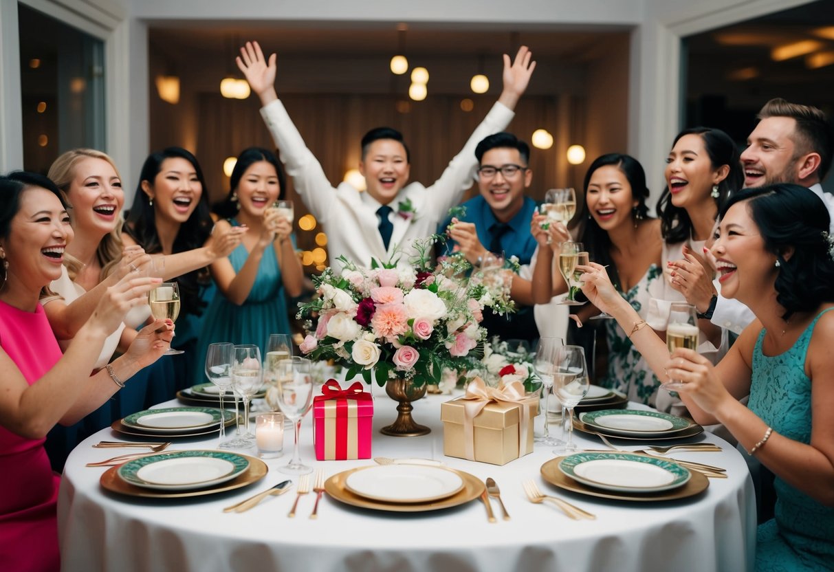 A table set with elegant dishes, flowers, and gifts, surrounded by joyful friends celebrating a bride who is eloping