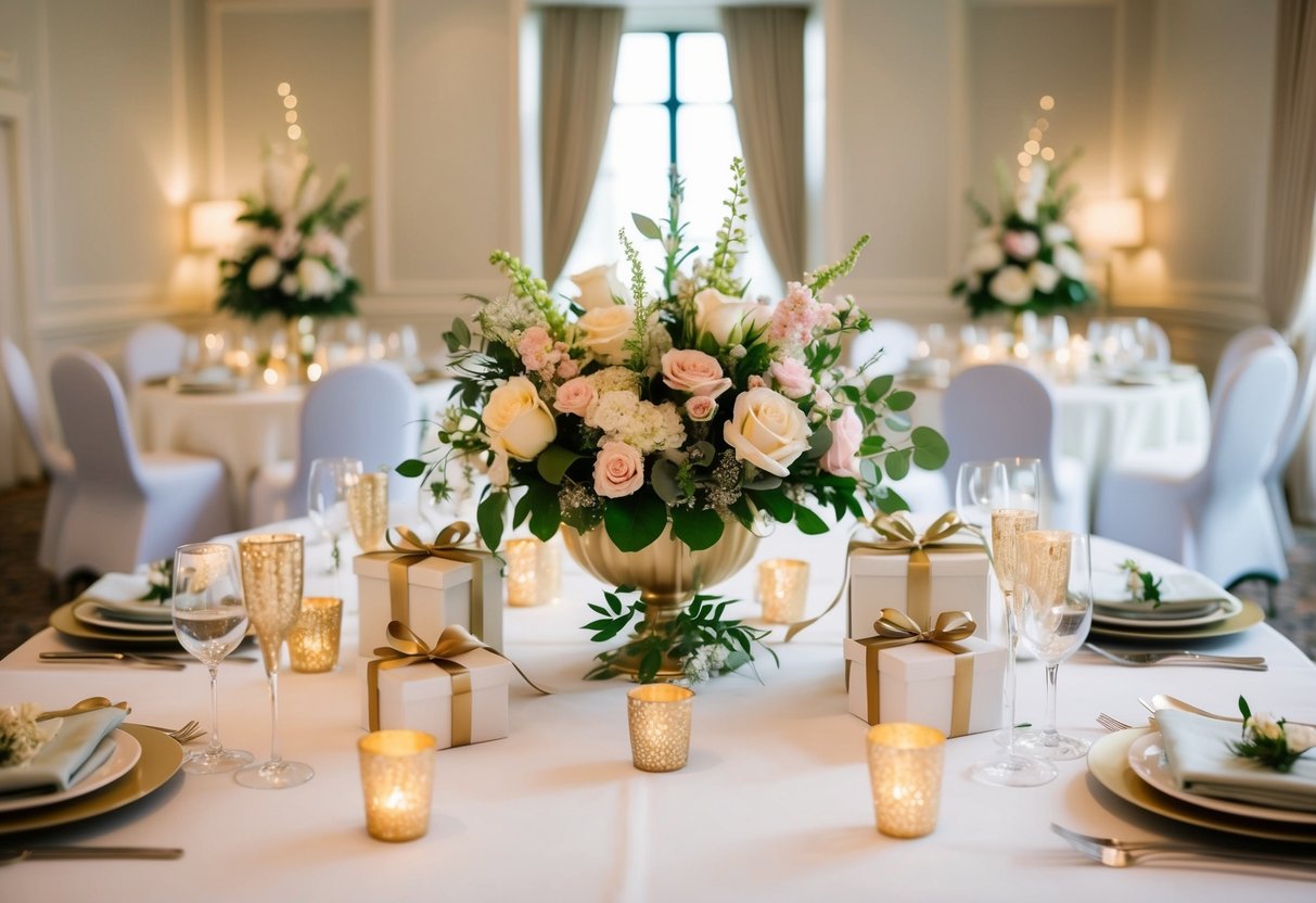 A table adorned with elegant bridal shower decorations, surrounded by gifts and flowers, with a sense of intimacy and celebration in the air