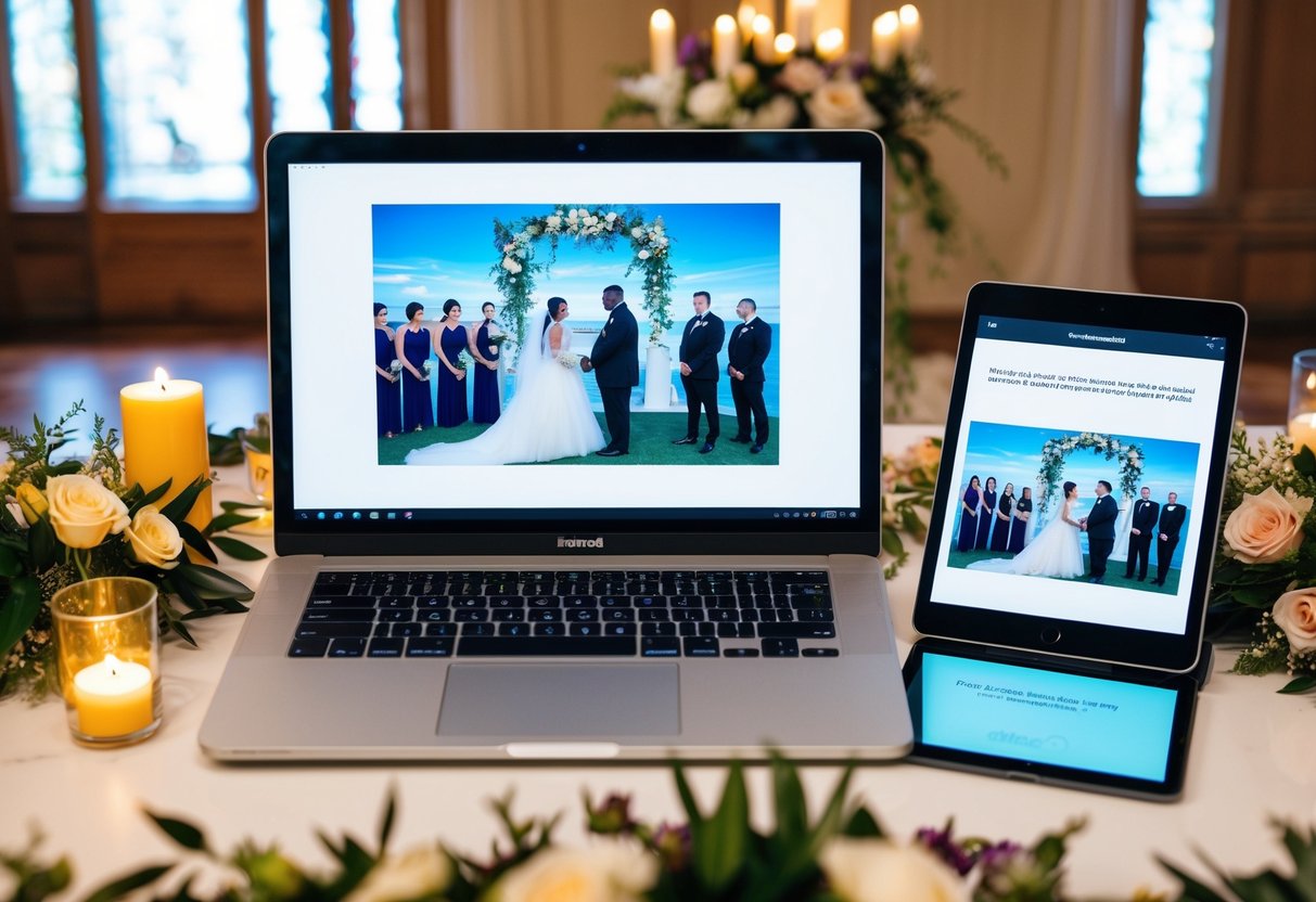A laptop and a tablet stand on a table adorned with flowers and candles. A virtual wedding backdrop is displayed on the screens, with a virtual officiant and guests visible on the screens