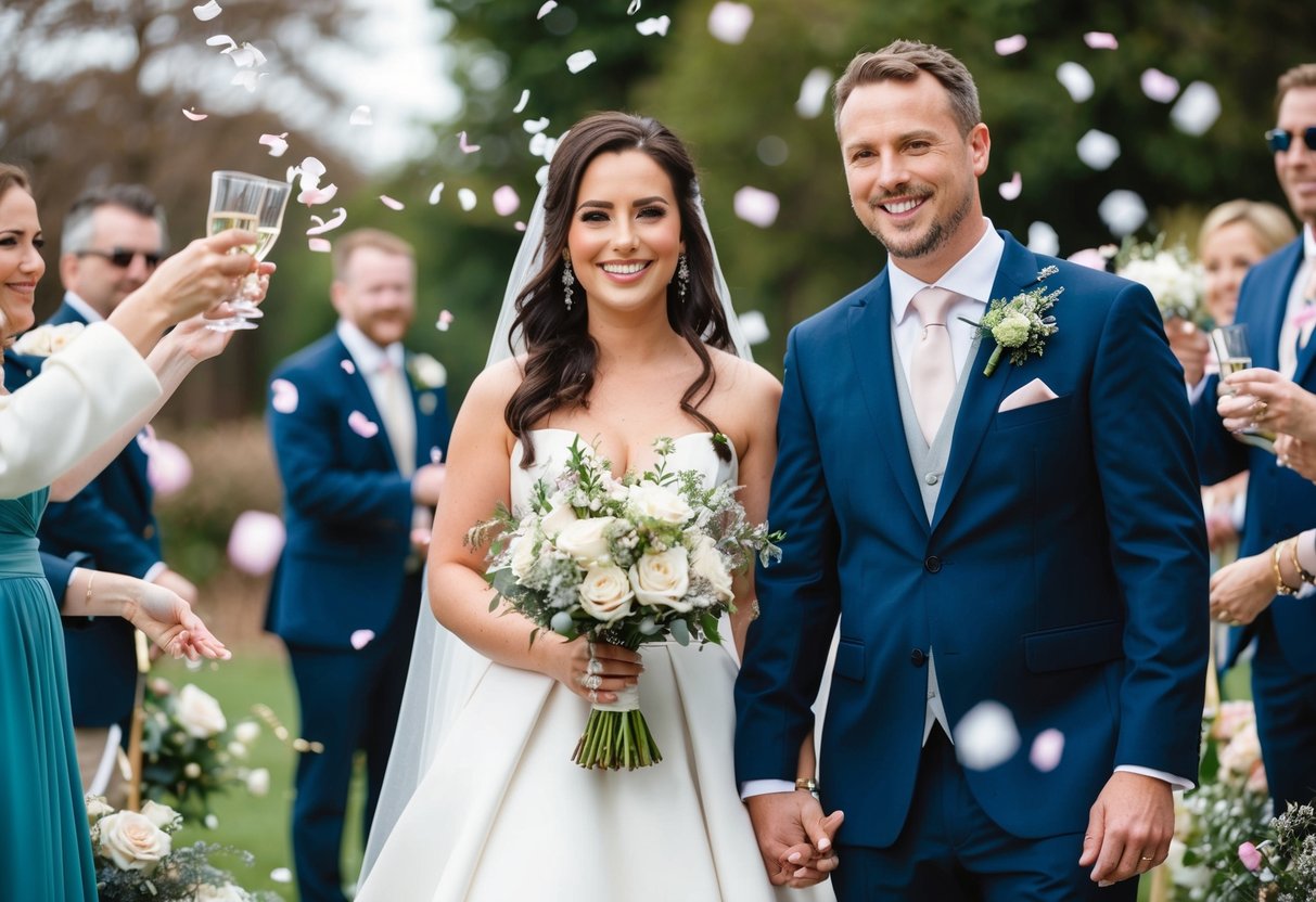 A woman in a white gown holds a bouquet, standing beside a groom in a suit. They smile surrounded by flowers and confetti