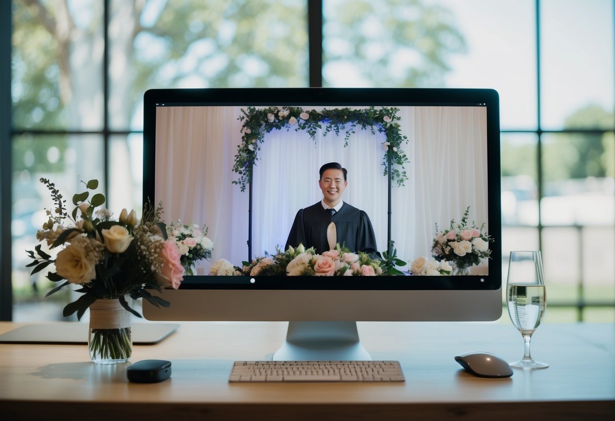 A computer screen with a virtual wedding setup, including a backdrop, flowers, and a wedding officiant visible through a video call