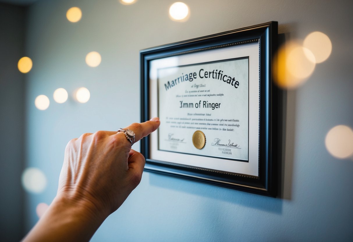 A ringed finger pointing to a framed marriage certificate on a wall