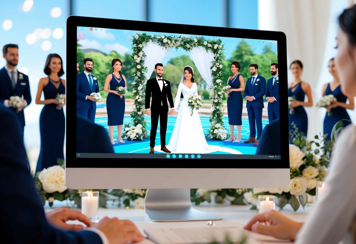 A computer screen displays a virtual wedding ceremony with two avatars standing in a digital environment, surrounded by virtual decorations and guests