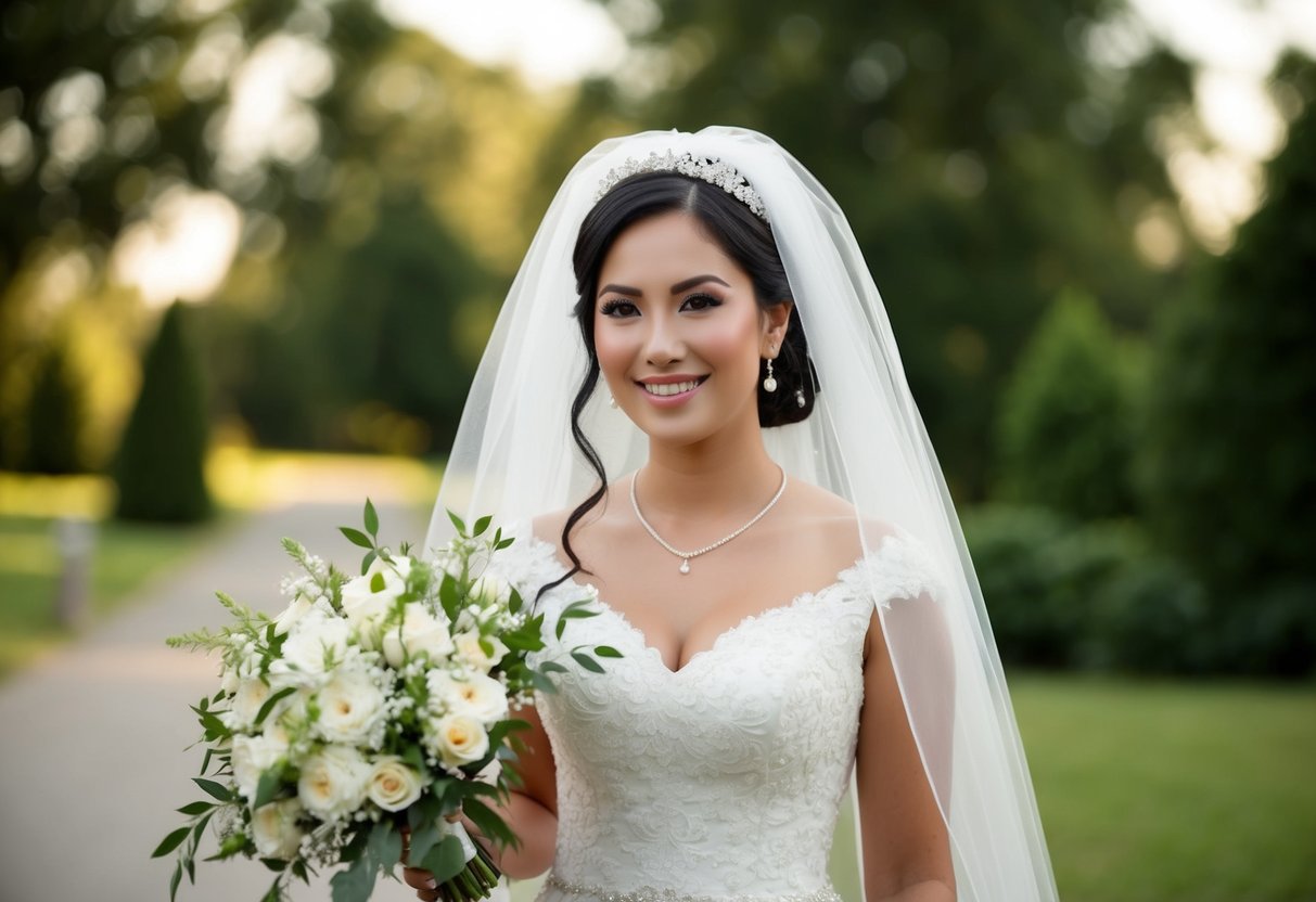 A newly married woman is called a bride. An illustration could show a bride in a traditional wedding gown and veil, holding a bouquet of flowers