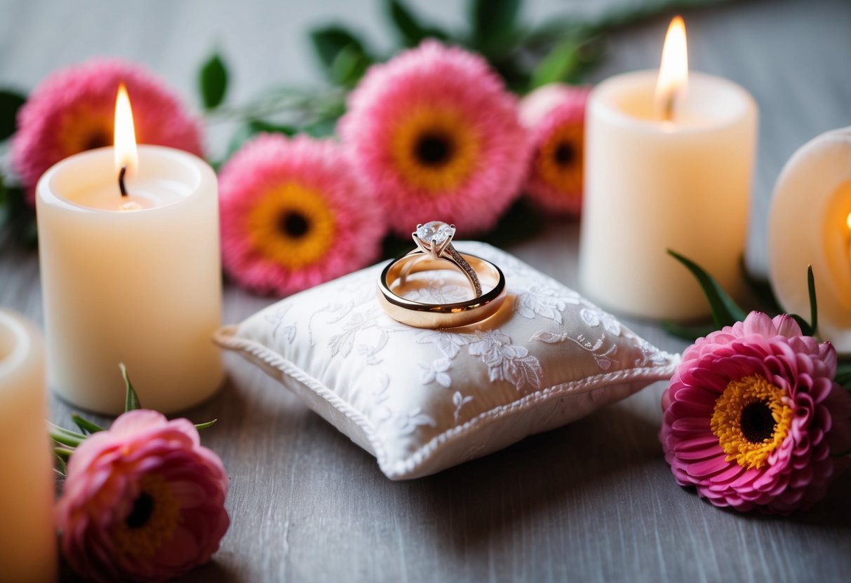A traditional wedding ring on a delicate pillow, surrounded by flowers and candles