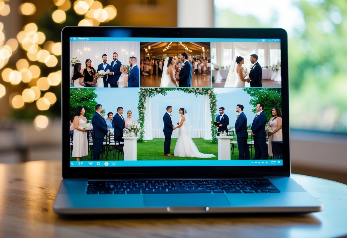 A laptop displaying a virtual wedding reception with guests joining from different locations, a virtual background of a wedding venue, and a couple exchanging vows on screen