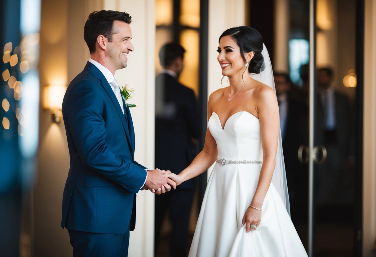 A woman in a white gown stands beside a man in a suit, holding hands and smiling. A wedding ring is visible on her left hand