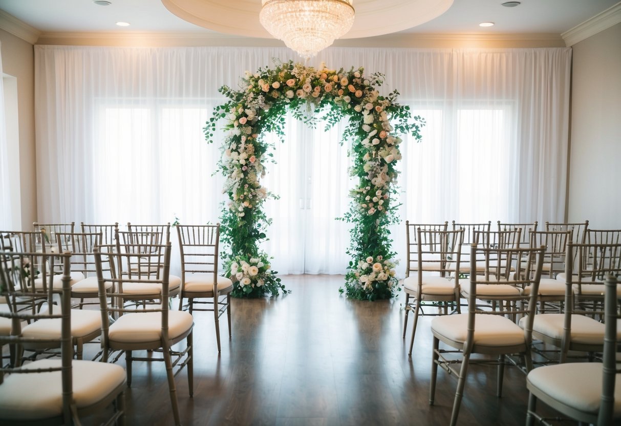 A beautifully decorated wedding venue with empty chairs and tables, a flower-covered arch, and a serene atmosphere