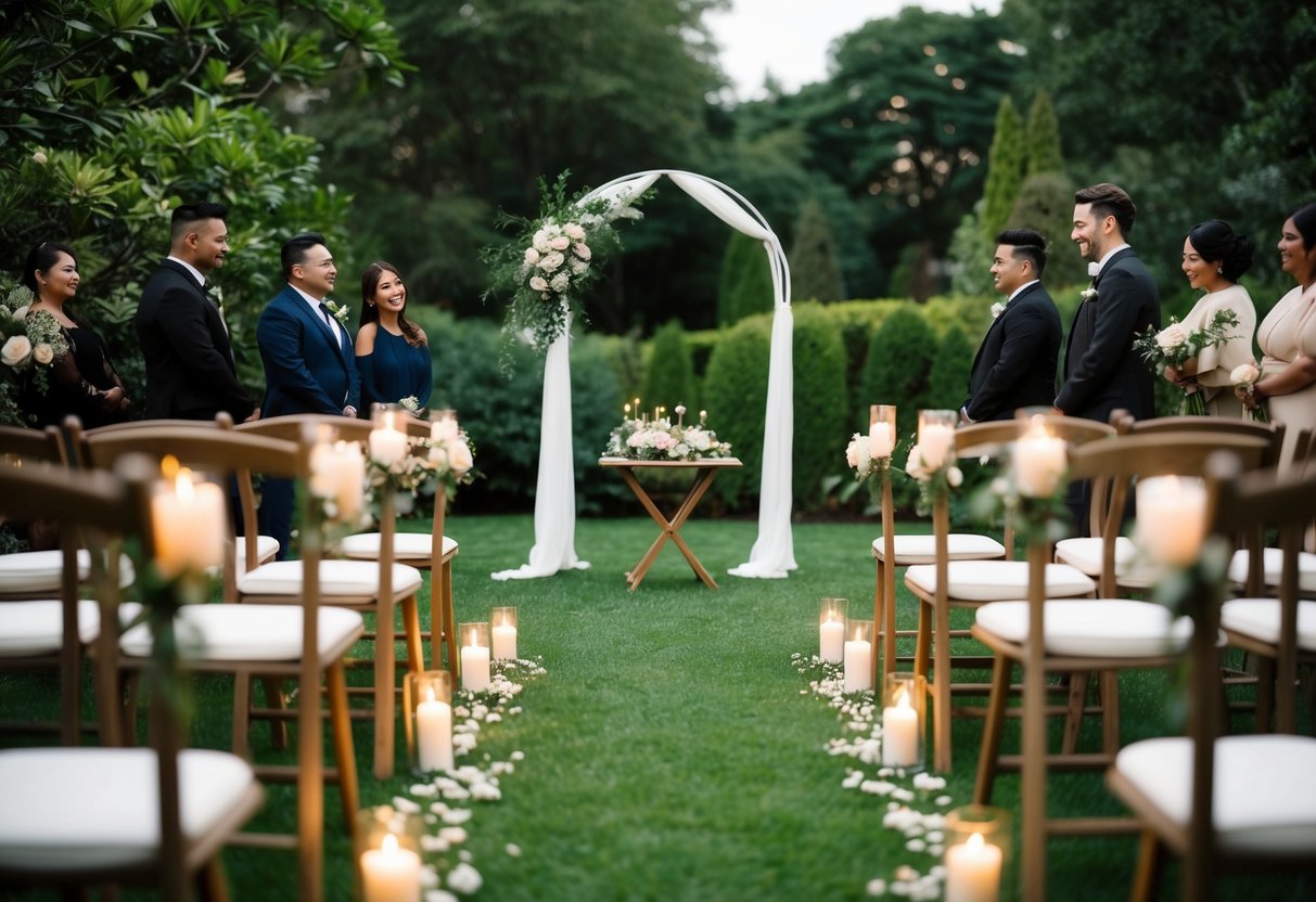 A small, romantic ceremony set in a lush garden with a simple arch, delicate flowers, and soft candlelight