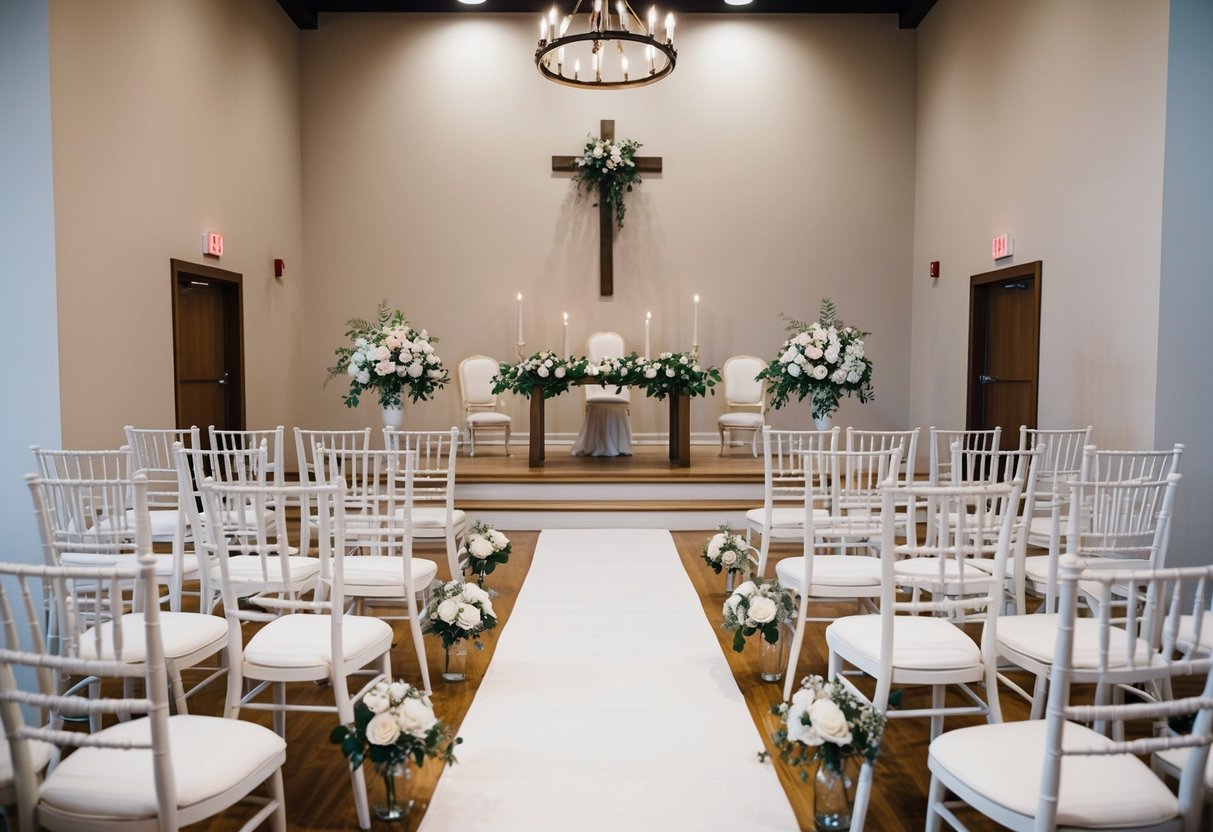 An empty wedding altar with flowers and empty chairs