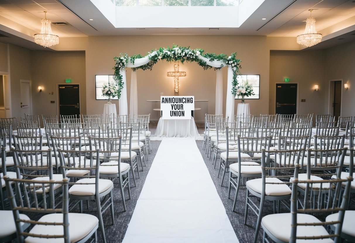 An empty wedding venue with a decorated altar and rows of empty chairs, a sign reading "Announcing Your Union" displayed prominently