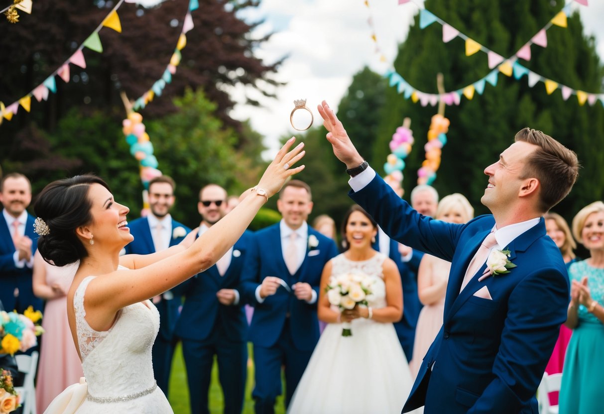 A bride and groom flip their wedding rings into the air, surrounded by cheering guests and colorful decorations