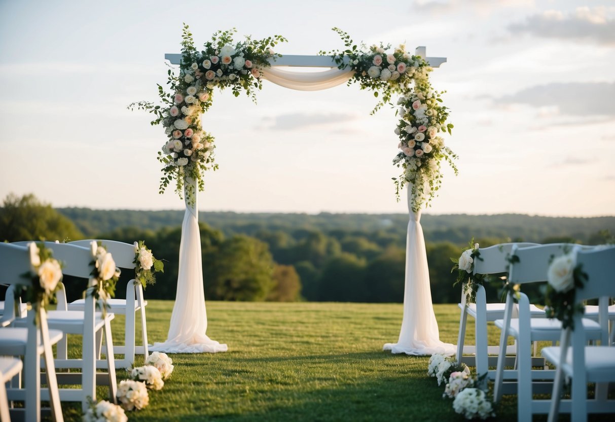 A simple, elegant wedding setup with a beautiful arch and flowers, set against a scenic outdoor backdrop