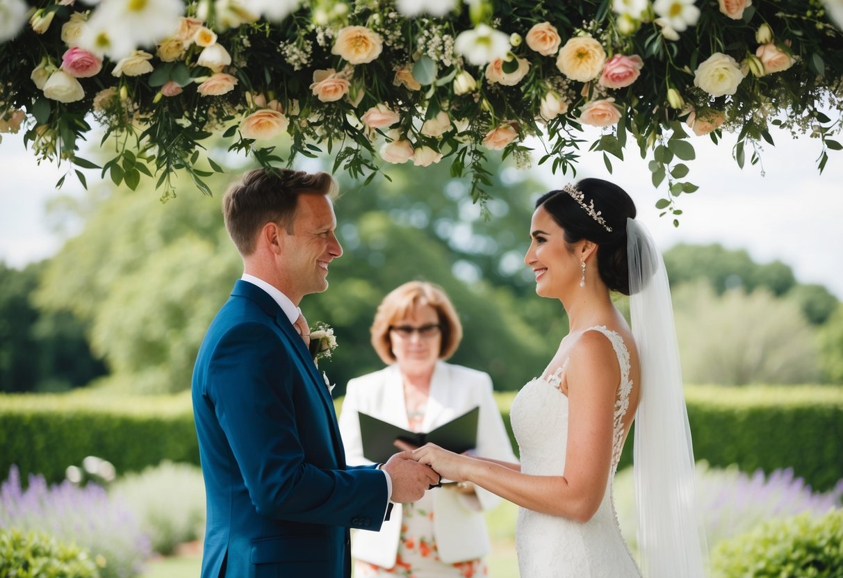 A bride and groom exchanging vows under a canopy of flowers in a garden setting