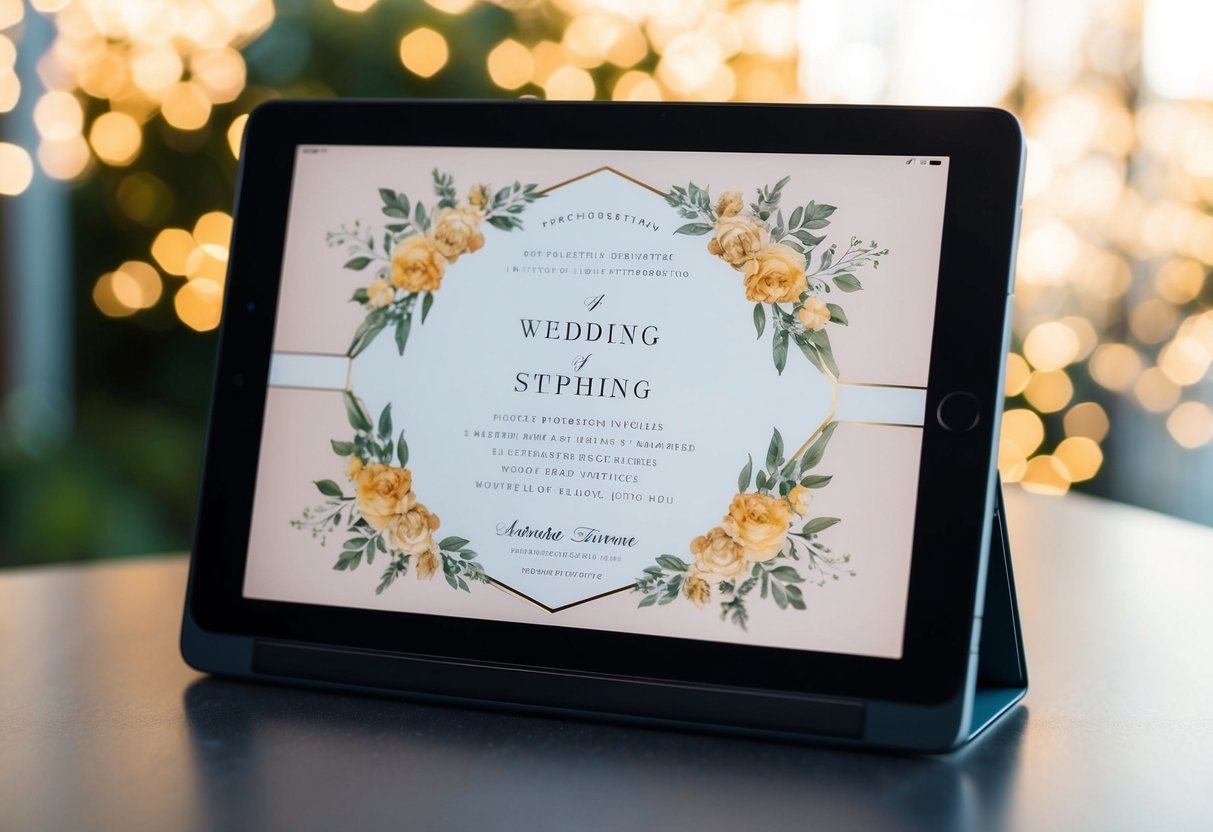 A digital device displaying a beautifully designed wedding invitation with elegant graphics and decorative elements