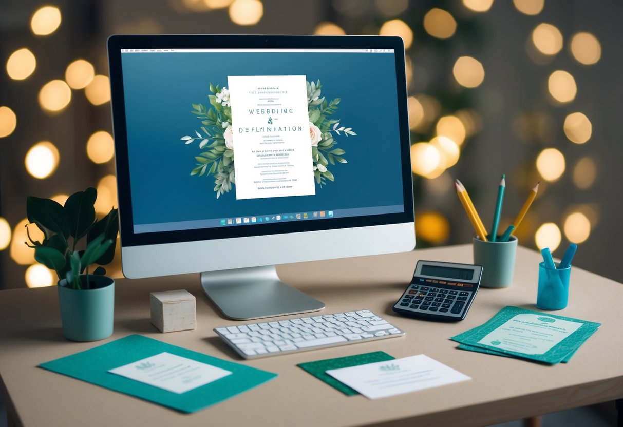 A computer with a digital wedding invitation design on the screen, surrounded by eco-friendly and cost-effective elements like recycled paper and a calculator