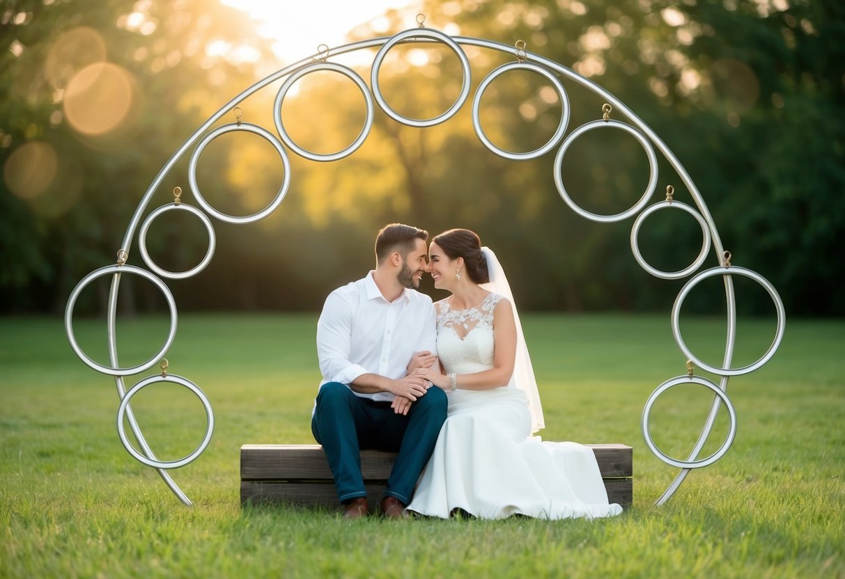 A couple sitting together, surrounded by seven interconnected circles representing the levels of marriage, each circle growing larger and more intertwined