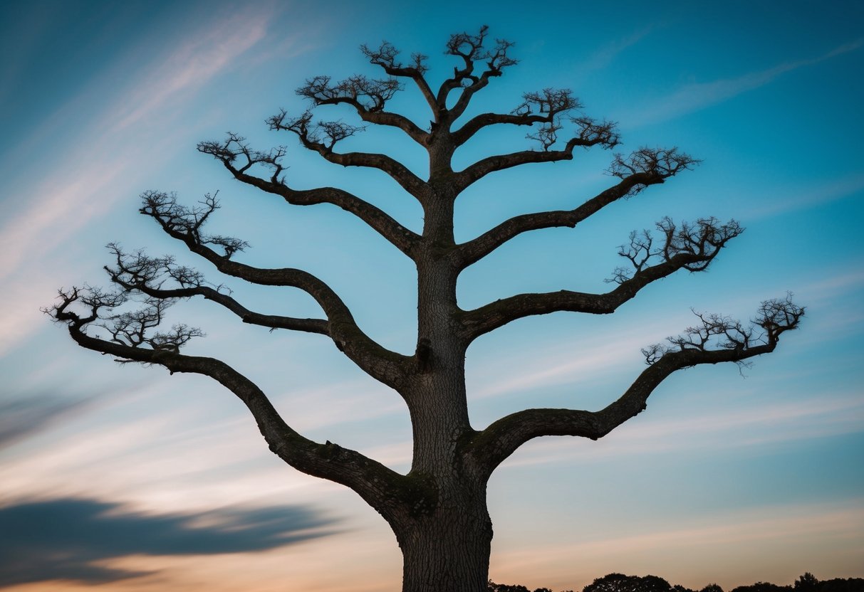 A tree with seven intertwining branches of varying thickness, representing the seven levels of marriage, reaching towards the sky