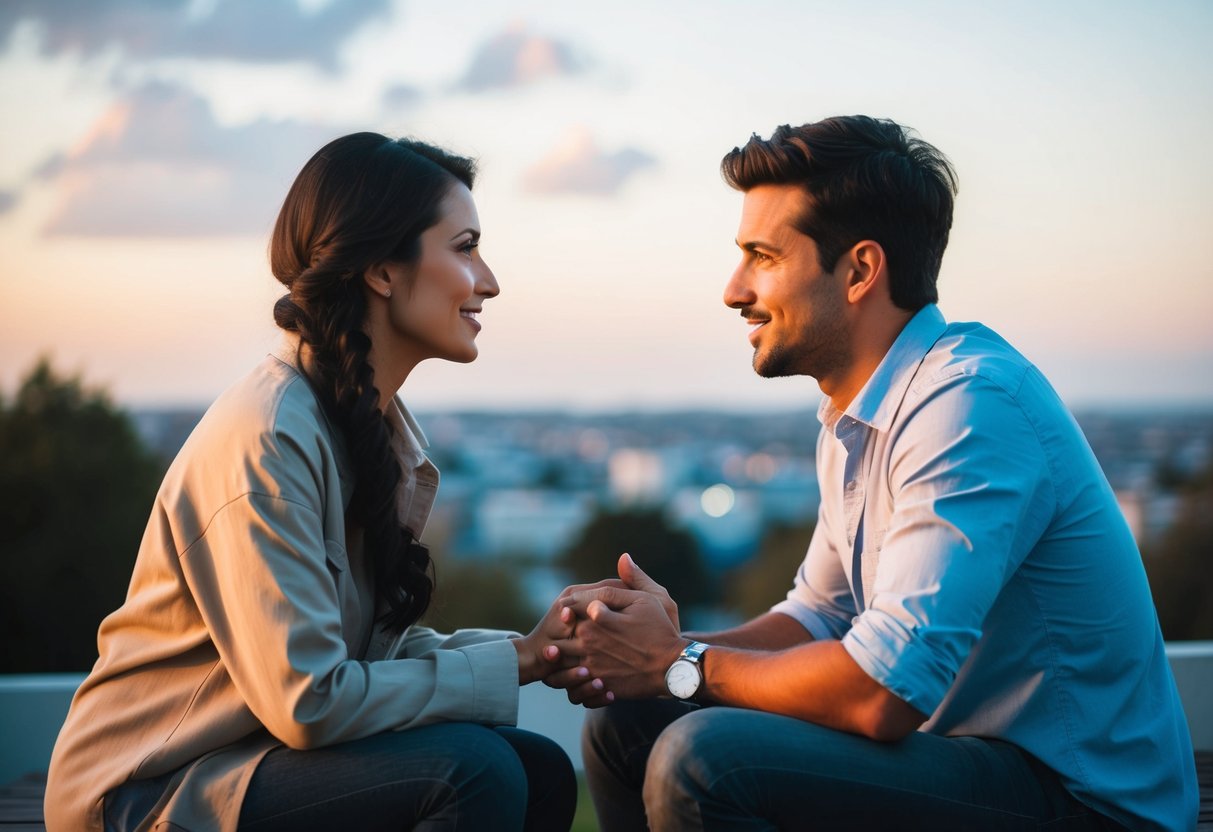 A couple sitting together, facing each other, engaged in deep conversation. A visible connection and understanding between them