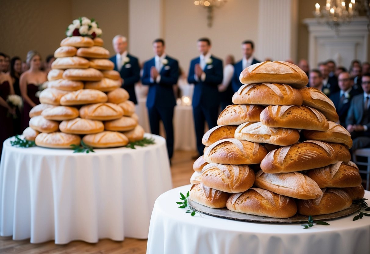 A grand wedding ceremony with loaves of bread in place of traditional wedding elements, such as a tiered bread cake and bread bouquets