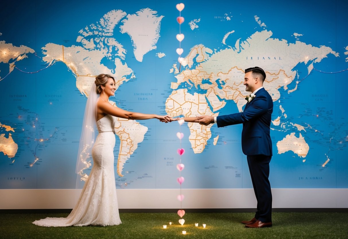 A bride and groom stand on opposite sides of a world map, holding hands across the distance. A string of hearts connects their two locations