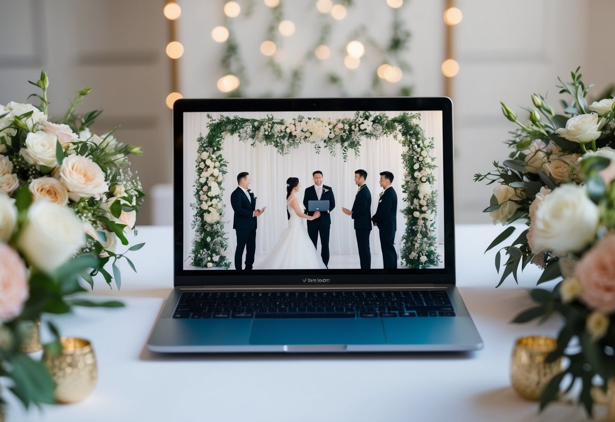 A laptop with a virtual wedding ceremony on the screen, surrounded by flowers and wedding decorations