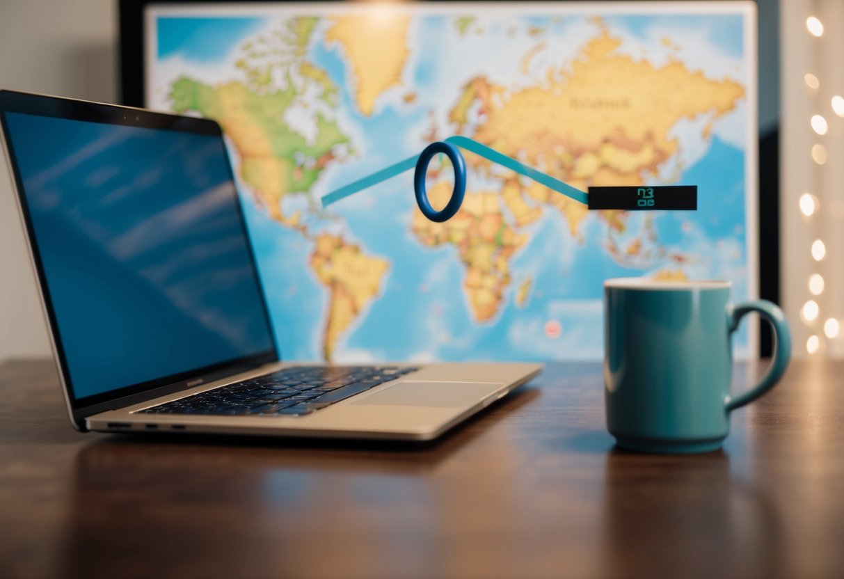 A laptop and a ring on a map linking two distant locations