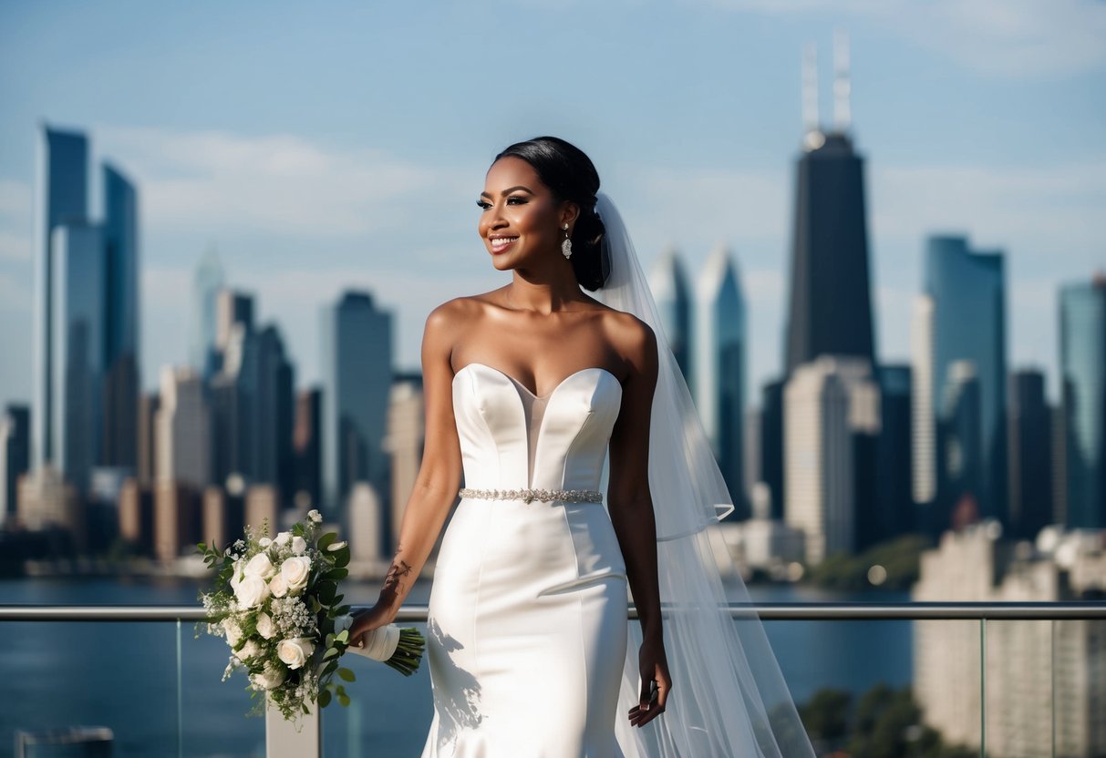 A modern bride with a bouquet, wearing a sleek wedding gown, stands against a city skyline backdrop