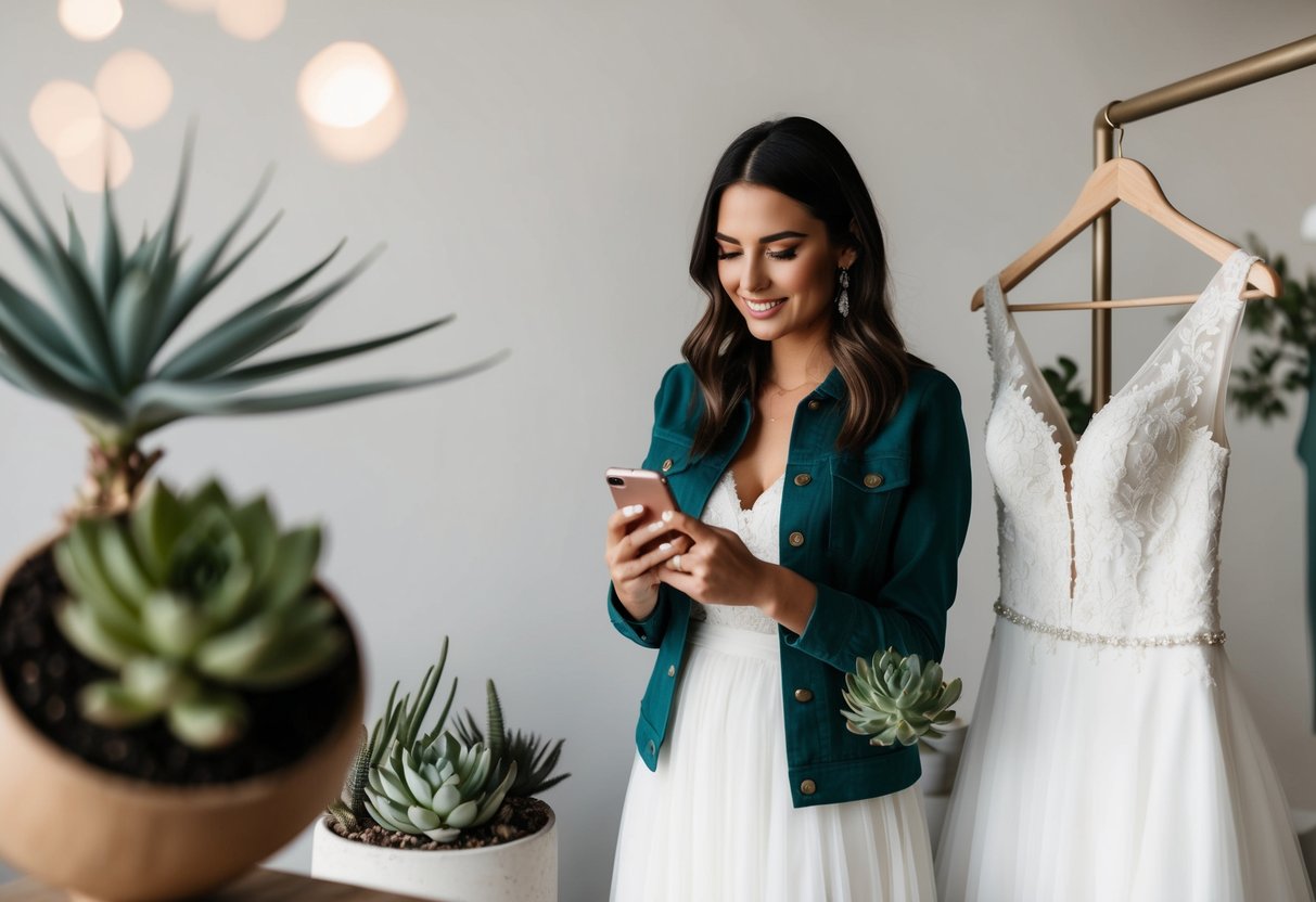A young woman browsing wedding dresses on her smartphone, surrounded by succulents and minimalist decor