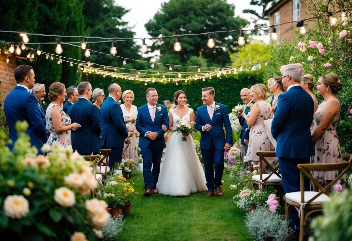 A small wedding with a handful of guests gathered in a cozy garden, surrounded by blooming flowers and twinkling string lights