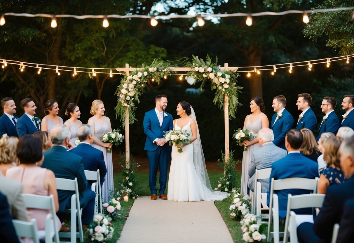A small wedding: a cozy outdoor ceremony with a handful of guests, a simple arch adorned with flowers, and a charming reception under twinkling lights