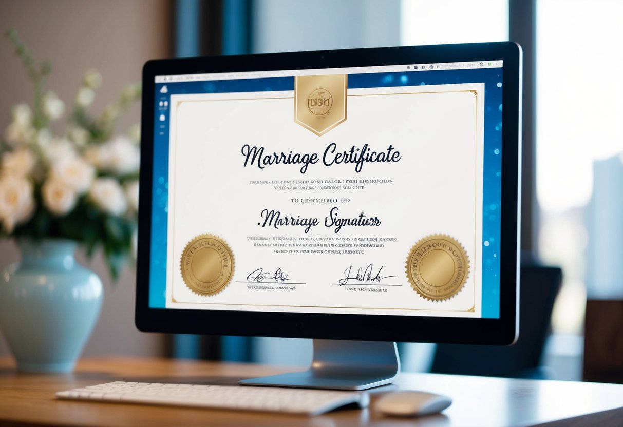 A computer screen displaying a virtual marriage certificate with digital signatures and official seals