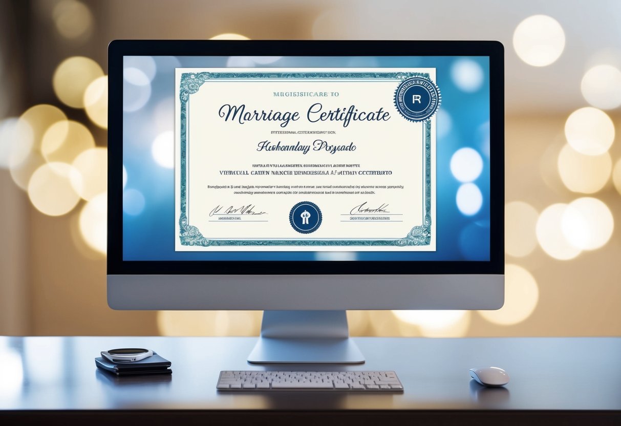 A virtual marriage certificate displayed on a computer screen with a digital signature and official seal
