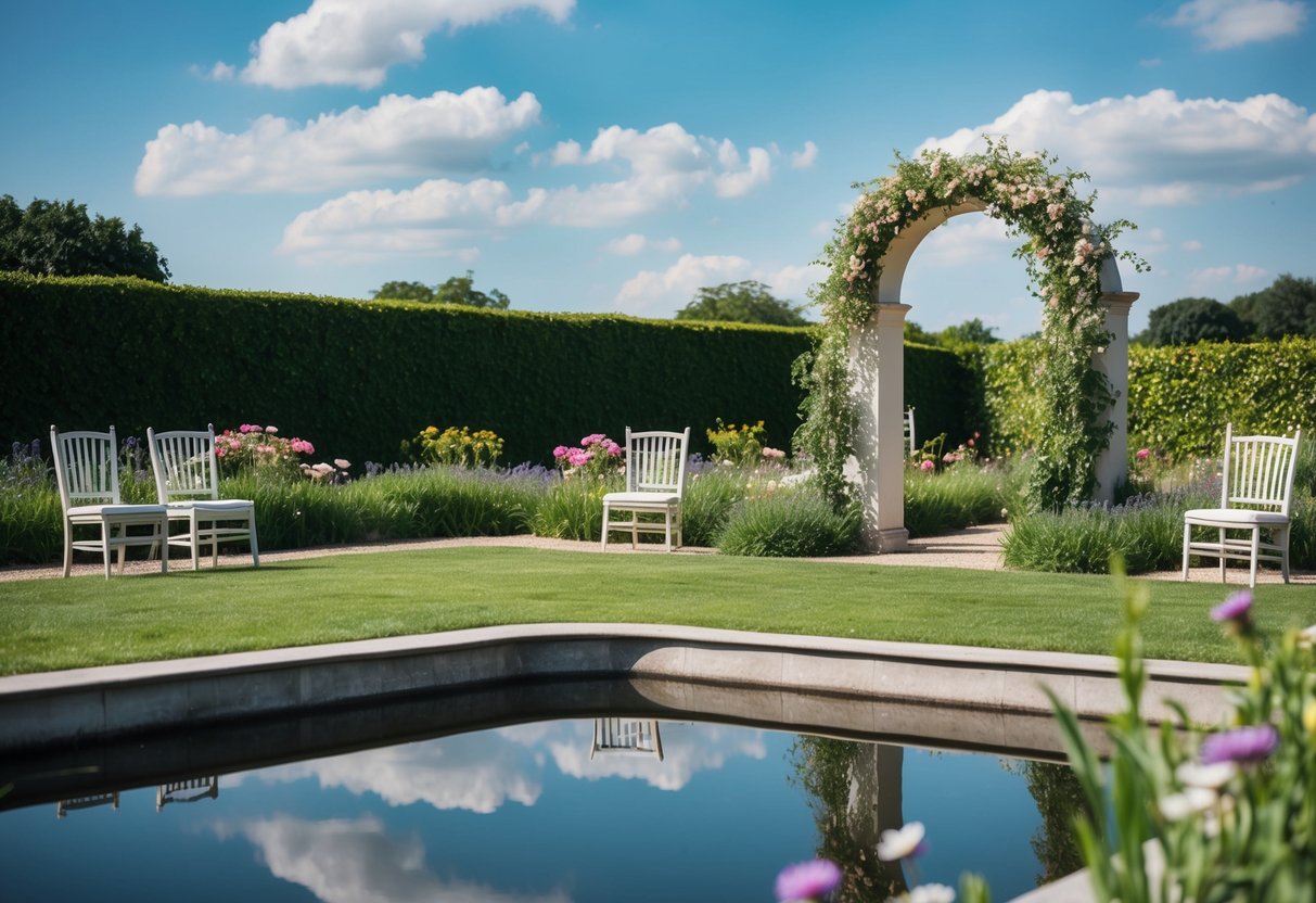A serene garden with empty chairs, an archway adorned with flowers, and a still pond reflecting the sky