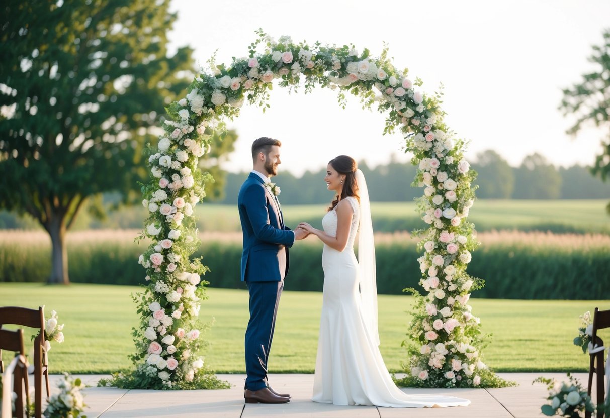 A serene outdoor setting with a flower-covered arch and a couple standing facing each other, exchanging vows in silence