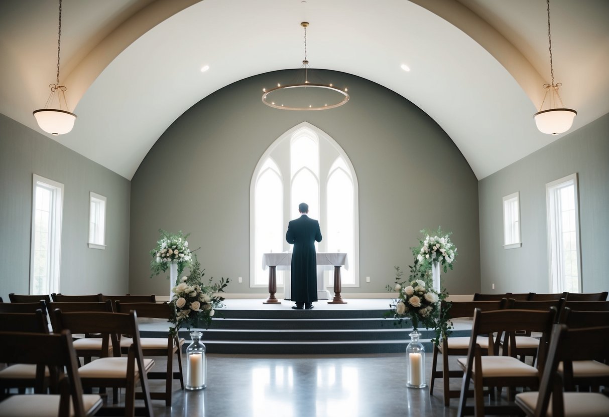A serene, empty wedding venue with an officiant standing at the altar, surrounded by silence and stillness