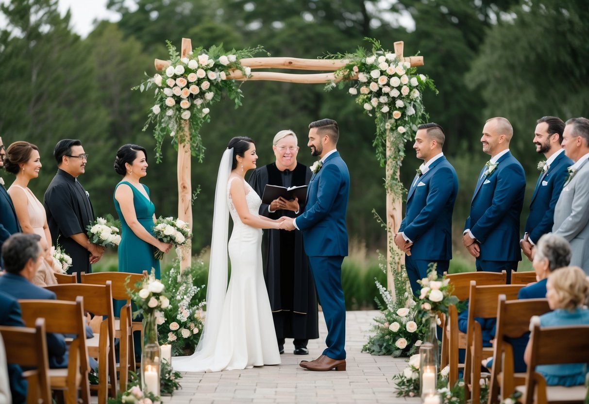 A couple standing before an officiant, surrounded by family and friends, exchanging vows in complete silence. Traditions and customs from various cultures are incorporated into the ceremony